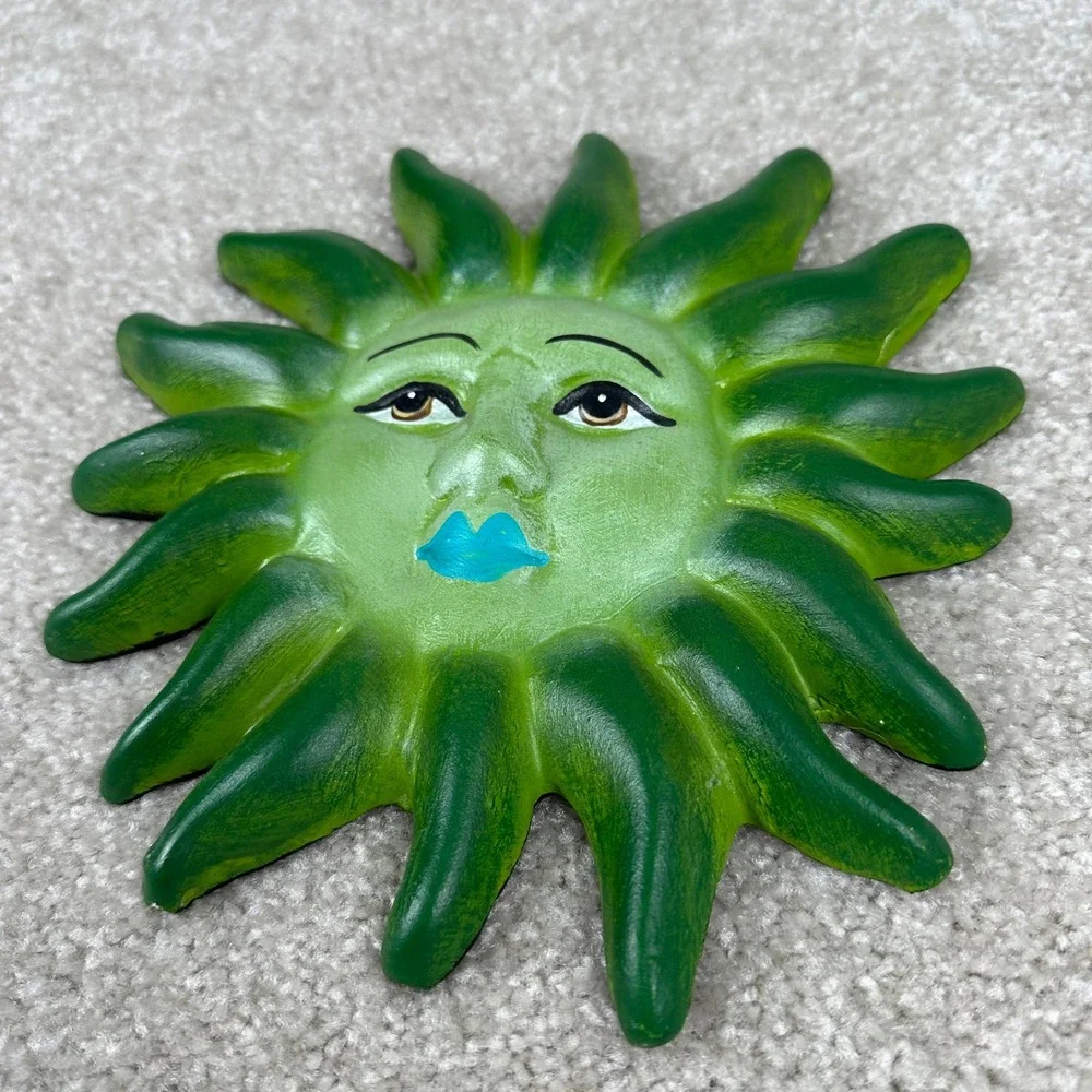 Vintage Green Sun Face Wall Decor Celestial Whimsigoth Ceramic Plaque 8.5